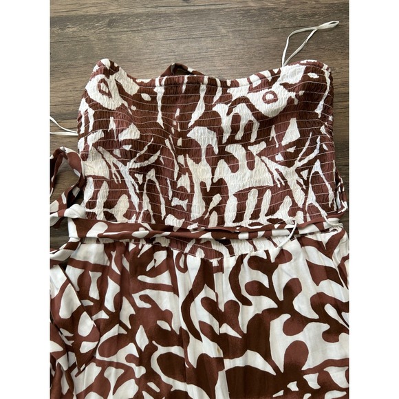 MSK Brown White Abstract Print Smocked Strapless Jumpsuit Tie Waist Ankle Medium - Picture 2 of 5